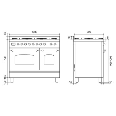 Ilve pd10n cocina de gas de encimera + campana 100 cm grafito - cobre