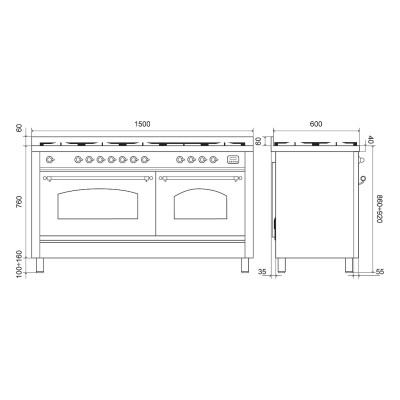 Kuchnia gazowa blatowa Ilve p15n + stelaż + okap 150 cm, grafit - miedź