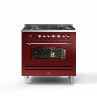 Cuisinière à gaz de comptoir Ilve p36n avec four pyrolytique 90 cm rouge - chrome