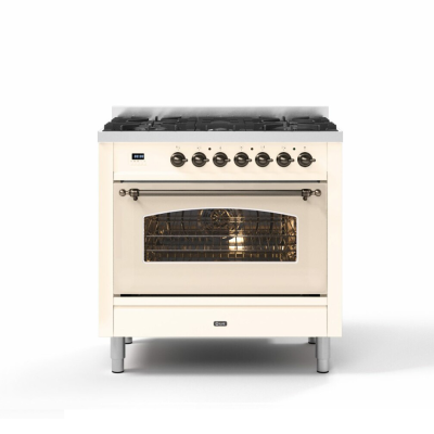 Ilve p36n cucina a gas da appoggio con forno pirolitico 90 cm bianco antico - brunito