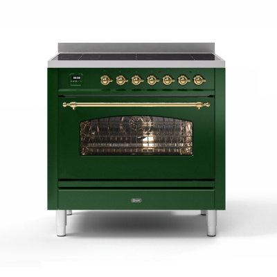 Ilve p36n Tisch-Induktionsherd mit 90 cm Pyrolyseofen, Grün – Messing