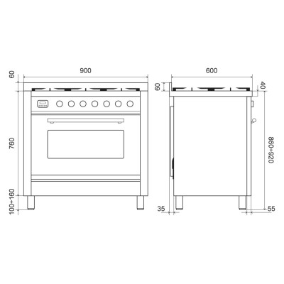 Ilve p09w Gas-Aufsatzkocher mit 90 cm Edelstahl-Haube