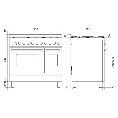 Cuisinière à gaz de comptoir Ilve pd09w + hotte inox 90 cm