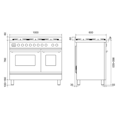 Cuisinière à induction de comptoir Ilve pd10w + hotte inox 100 cm