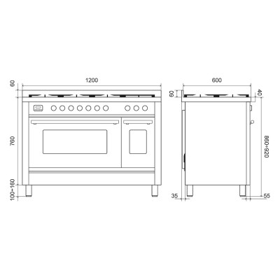 Cuisinière à gaz de comptoir Ilve p12w + hotte inox 120 cm