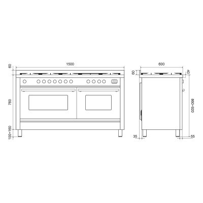 Ilve p15w Gaskocher für die Arbeitsplatte + 150 cm Edelstahlhaube