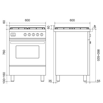 Cuisinière à gaz de comptoir Ilve L06 + hotte aspirante en acier inoxydable de 60 cm