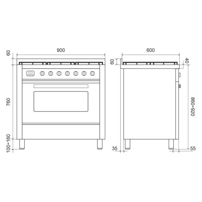 Cuisinière à gaz de comptoir Ilve l09 avec hotte graphite 90 cm - Ligne Pro