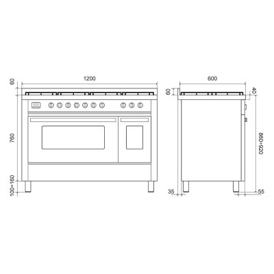 Ilve l12 Arbeitsplatten-Gasherd mit Haube 120 cm Graphit – Pro-Linie