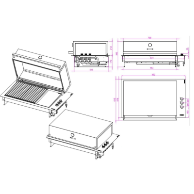 Barbecue encastrable Fògher fgb 750 fo avec couvercle 96 cm noir