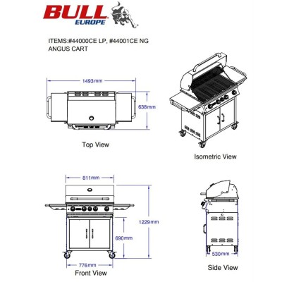 Bull Angus Methangasgrill mit Drehspießwagen und Edelstahl-Rückbrenner