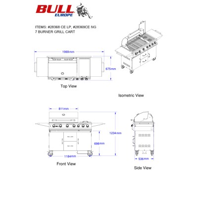 Bull 7-Brenner-LPG-Grill mit Wagen, Drehspieß und Edelstahl-Rückbrenner