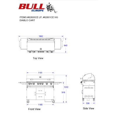 Bull Diablo methane barbecue with trolley, rotisserie and back burner