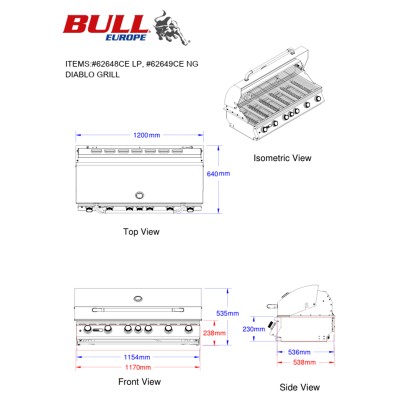 Grill ze stali nierdzewnej Bull Diablo 120 cm z wbudowanym rożnem i tylnym palnikiem