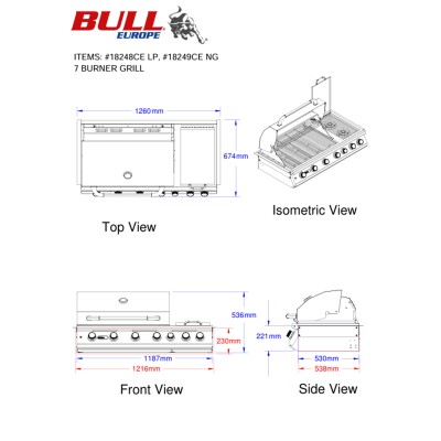 Bull 7-Brenner-Grill mit Drehspieß und Backburner 126 cm Einbau