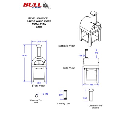 Horno de leña para pizza de gran tamaño Bull wood 66025 sobre carro de acero inoxidable de 80 cm
