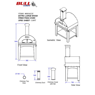 Four à pizza à bois extra large Bull 66042 avec chariot en acier inoxydable de 98 cm