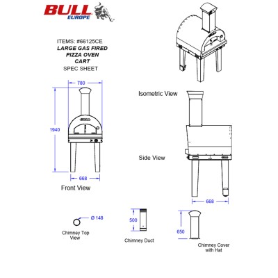 Duży piec gazowy do pizzy Bull 66125CE z wózkiem ze stali nierdzewnej 80 cm