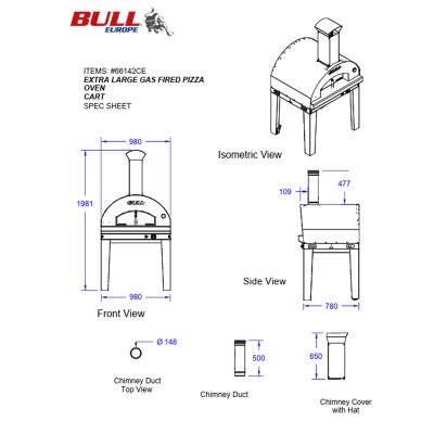 Four à pizza à gaz Bull 66142CE avec chariot extra large en acier inoxydable de 100 cm