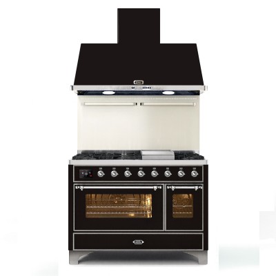 Ilve m12n-bk Gasherd + 120 cm Arbeitsplattenhaube, schwarz glänzend