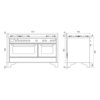 Ilve m15n-bk Gasherd + 150 cm Arbeitsplattenhaube, schwarz glänzend