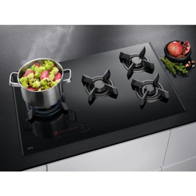 Plaque de cuisson à gaz AEG HVB8453IB Série 9000, 80 cm, avec plateau en verre noir.