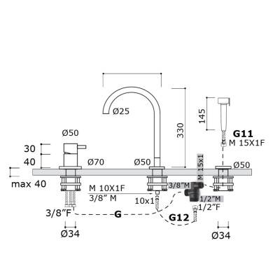 Mina Three 90695 3-hole kitchen mixer tap with side shower