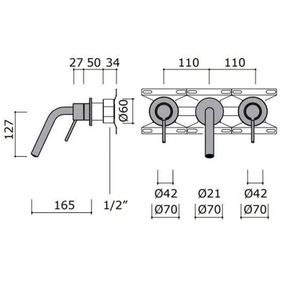 Mina 11816 Corsivo Grifo para lavabo de 3 orificios con perillas de pared integradas