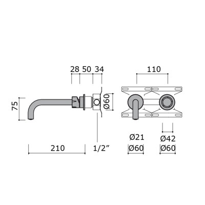 Mina 4921 Synth Grifo para lavabo de pared de 3 orificios con pomos integrados