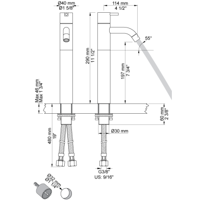 Robinet mitigeur de lavabo Vola HV1+170 à levier unique haut
