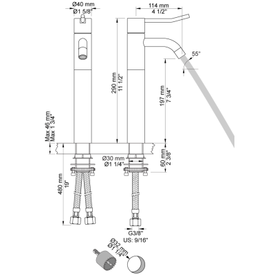Vola HV1L+170 Tall single-lever basin mixer tap with long lever