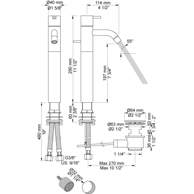 Vola HV3+170 Tall basin mixer tap with pop-up waste