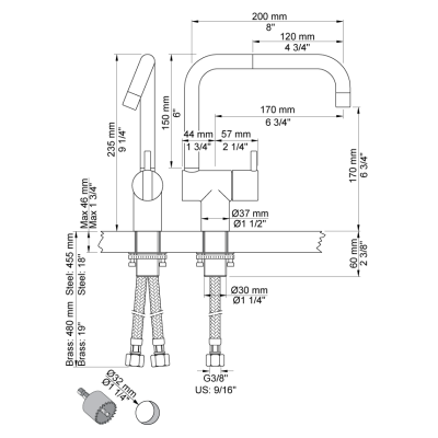 Robinet mitigeur de cuisine Vola KV1 - évier à double bec pivotant