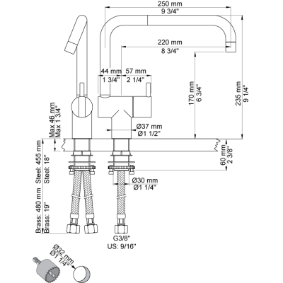 Vola KV1/250 Rubinetto miscelatore cucina - lavabo bocca doppio snodo