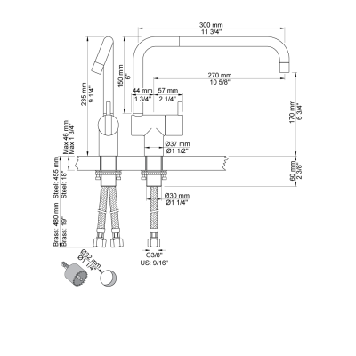 Grifo mezclador de cocina Vola KV1/300 - fregadero con caño giratorio doble