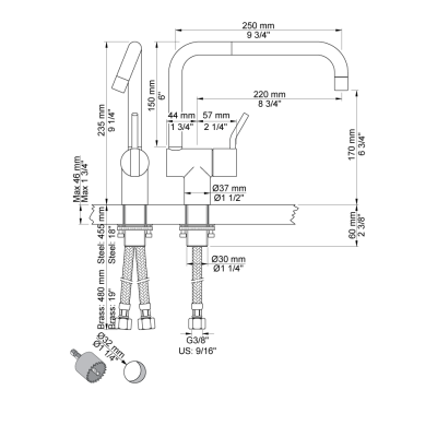 Vola KV1M/250 Kitchen mixer tap - sink medium lever double spout