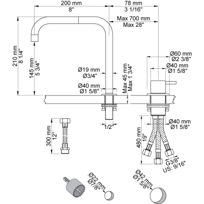 Grifo mezclador de cocina de 2 orificios Vola 590 - fregadero