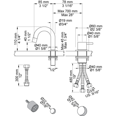 Robinet mitigeur Vola 590A à 2 trous - lavabo