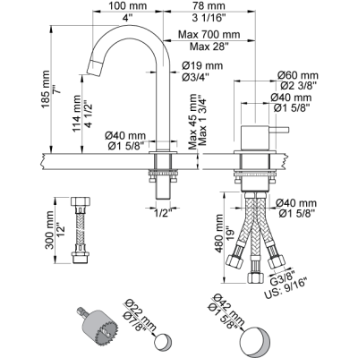 Grifo mezclador de 2 orificios Vola 590B para lavabo