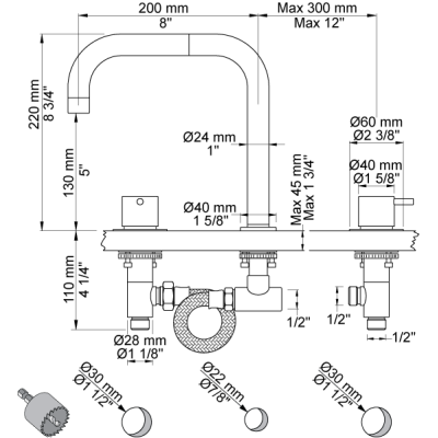 Vola KV3 3-hole basin tap
