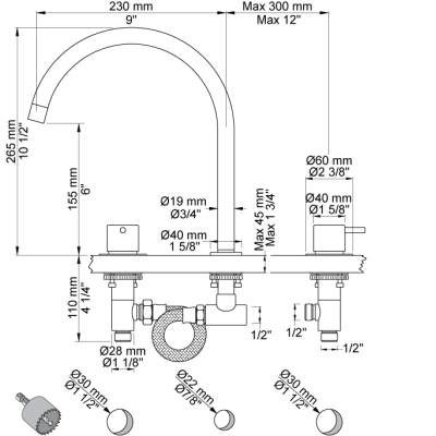 Vola KV15 3-hole kitchen tap
