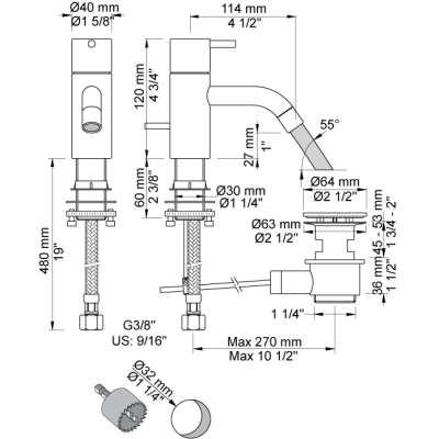 Robinet mitigeur de lavabo Vola RB3 avec bonde clic-clac et vidage