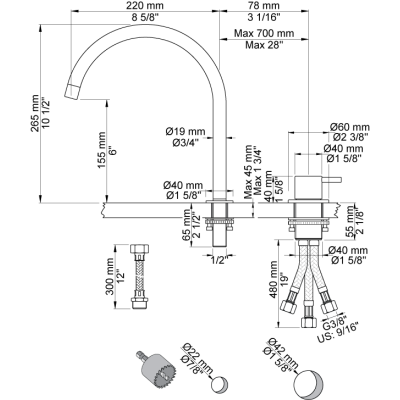 Grifo monomando de cocina Vola 590H - 2 orificios