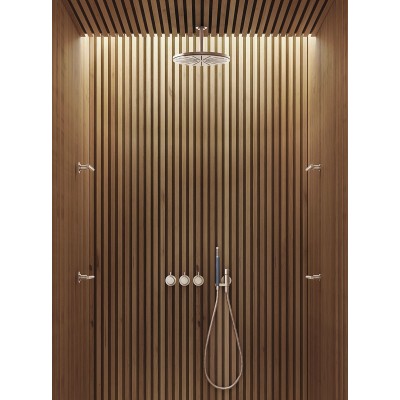 Ensemble de douche Vola Combi-21 avec mitigeur thermostatique encastré, pommeaux de douche et douchette.