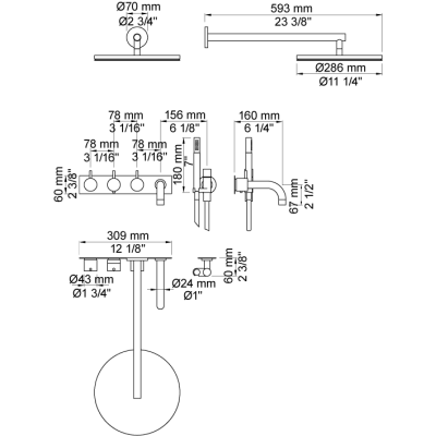 Vola Combi-22 Einbau-Thermostat-Duschgruppe + Duschkopf und Handbrause