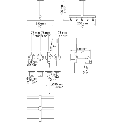 Vola 2441T8-051A Mischbatterie mit Handbrause und Duschkopf für Badewanne