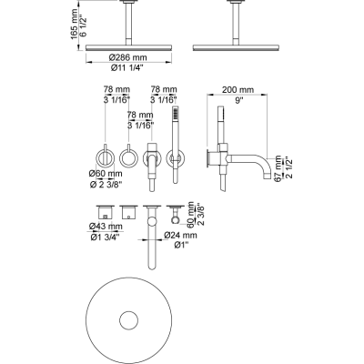 Vola 2441DT8-061A Mischbatterie + Handbrause und Duschkopf für Badewanne