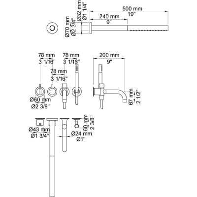 Vola 2441DT8-081ST Mischbatterie mit Handbrause und Duschkopf für Badewanne