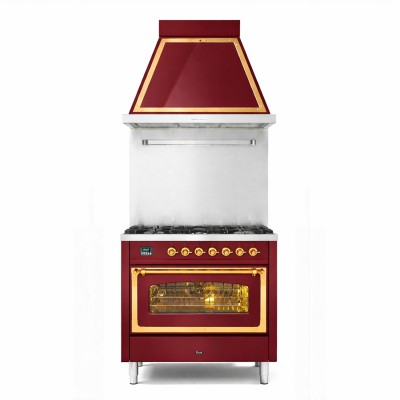 Placa de gas Ilve p09n-bu + campana extractora de 90 cm, color rojo burdeos