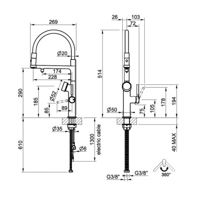 Grifo mezclador digital Gessi Vita 60722 727 + unidad de filtro de agua fría y caliente - latón